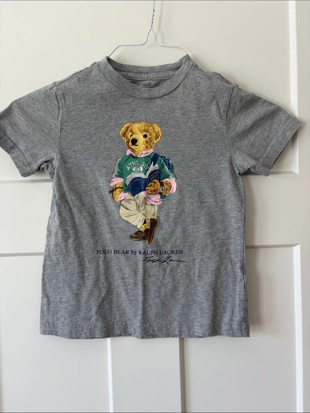 Ralph Lauren Gray Polo Bear Tee with Multicolor Bear Graphic